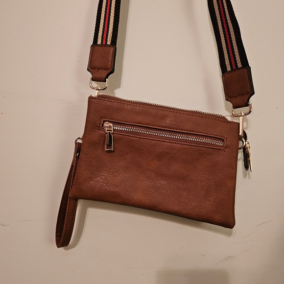 Unbranded Handbags - Brown Vegan Leather Triple Zip Crossbody Bag with Striped Guitar Strap Clutch